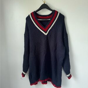 Zara Size S Navy V-Neck Sweater with Red and White Trim